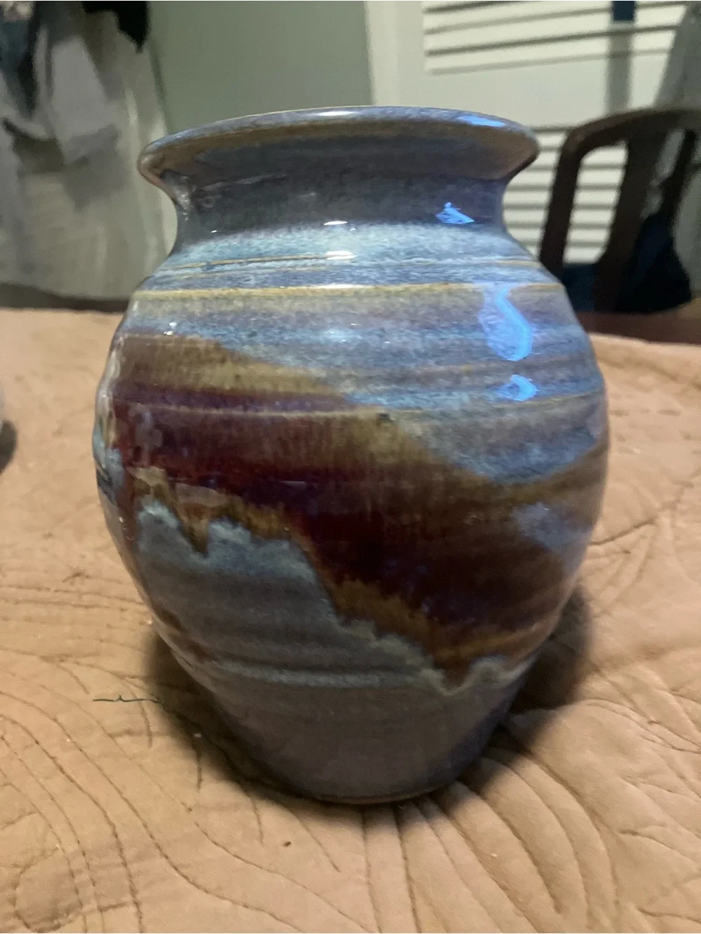 NWT Ayer’s Pottery Blue, Brown, and Maroon Drip Glaze Vase